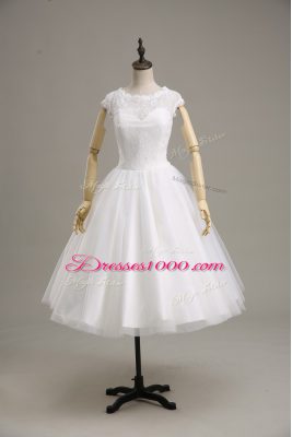 Short Sleeves Tea Length Lace and Belt Clasp Handle Bridal Gown with White