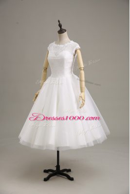 Short Sleeves Tea Length Lace and Belt Clasp Handle Bridal Gown with White