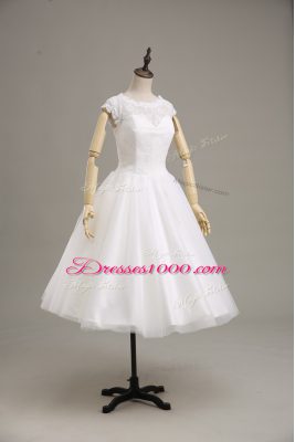Short Sleeves Tea Length Lace and Belt Clasp Handle Bridal Gown with White