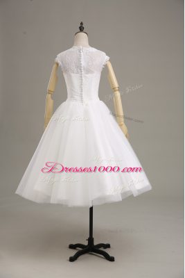 Short Sleeves Tea Length Lace and Belt Clasp Handle Bridal Gown with White