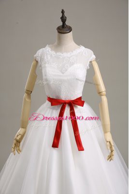 Short Sleeves Tea Length Lace and Belt Clasp Handle Bridal Gown with White