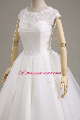 Short Sleeves Tea Length Lace and Belt Clasp Handle Bridal Gown with White