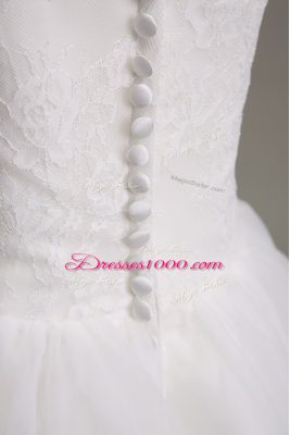 Short Sleeves Tea Length Lace and Belt Clasp Handle Bridal Gown with White