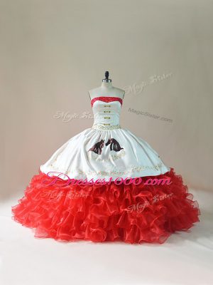 Popular White And Red Strapless Lace Up Embroidery and Ruffles Quince Ball Gowns Brush Train Sleeveless