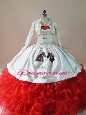 Popular White And Red Strapless Lace Up Embroidery and Ruffles Quince Ball Gowns Brush Train Sleeveless