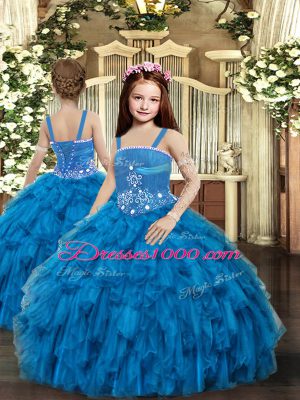 Beading and Ruffles Quinceanera Gown Blue Lace Up Sleeveless Floor Length