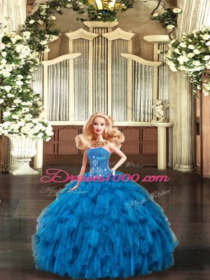 Beading and Ruffles Quinceanera Gown Blue Lace Up Sleeveless Floor Length