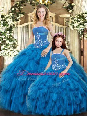 Beading and Ruffles Quinceanera Gown Blue Lace Up Sleeveless Floor Length