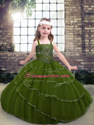 Custom Designed Olive Green Tulle Lace Up Teens Party Dress Sleeveless Floor Length Beading and Ruffled Layers