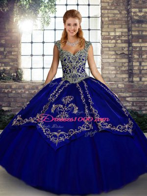 Blue Ball Gowns Beading and Embroidery Sweet 16 Dresses Lace Up Tulle Sleeveless Floor Length