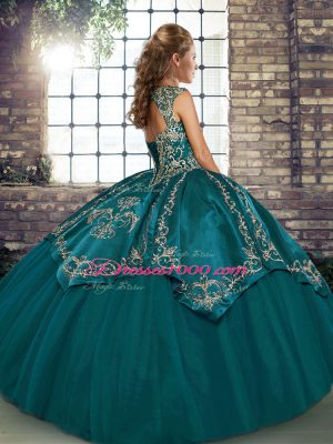 Blue Ball Gowns Beading and Embroidery Sweet 16 Dresses Lace Up Tulle Sleeveless Floor Length
