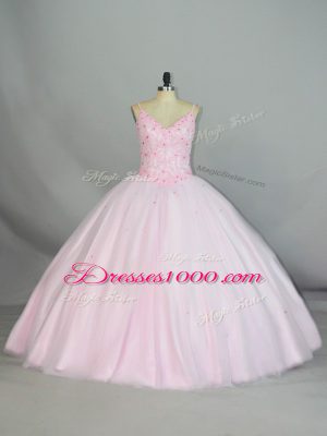 Luxurious Baby Pink Ball Gowns Tulle Straps Sleeveless Beading and Lace Floor Length Lace Up Sweet 16 Dress