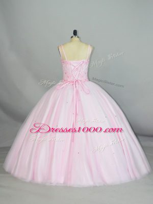 Luxurious Baby Pink Ball Gowns Tulle Straps Sleeveless Beading and Lace Floor Length Lace Up Sweet 16 Dress