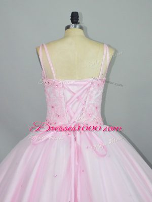 Luxurious Baby Pink Ball Gowns Tulle Straps Sleeveless Beading and Lace Floor Length Lace Up Sweet 16 Dress