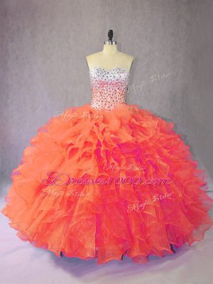 Traditional Orange Sleeveless Floor Length Beading and Ruffles Lace Up Quinceanera Gown