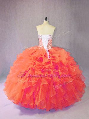 Traditional Orange Sleeveless Floor Length Beading and Ruffles Lace Up Quinceanera Gown