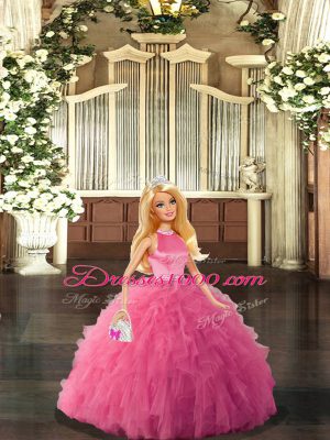 Smart Hot Pink Tulle Backless Halter Top Sleeveless Floor Length Sweet 16 Dress Beading and Ruffles