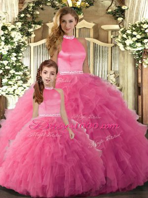 Smart Hot Pink Tulle Backless Halter Top Sleeveless Floor Length Sweet 16 Dress Beading and Ruffles