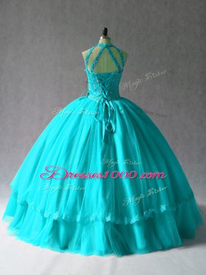 Free and Easy Aqua Blue Halter Top Lace Up Appliques Ball Gown Prom Dress Sleeveless