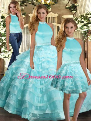 Aqua Blue Ball Gowns Organza Halter Top Sleeveless Ruffled Layers Floor Length Backless Quinceanera Gowns