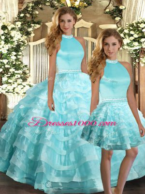 Aqua Blue Ball Gowns Organza Halter Top Sleeveless Ruffled Layers Floor Length Backless Quinceanera Gowns