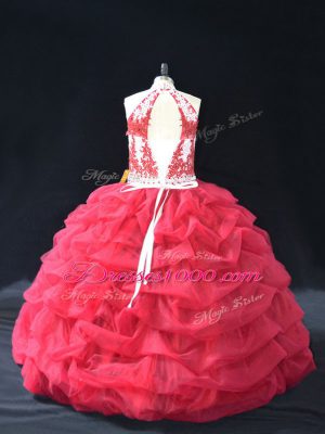 Halter Top Sleeveless Organza Quinceanera Gown Beading and Lace Backless