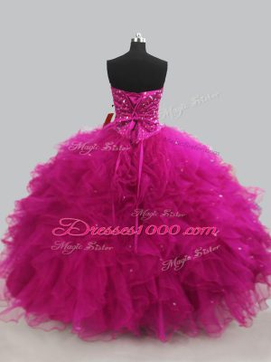 Fuchsia Lace Up Sweetheart Beading and Ruffles Quinceanera Dress Tulle Sleeveless