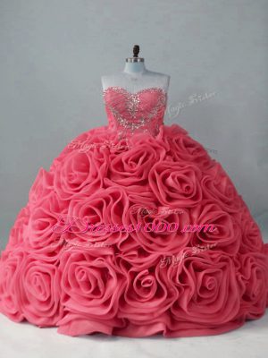 Classical Ball Gowns Sleeveless Coral Red Quinceanera Dress Brush Train Lace Up