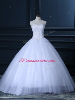 Floor Length Lace Up Bridal Gown White for Wedding Party with Beading and Lace