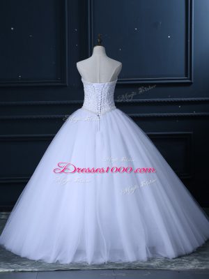 Floor Length Lace Up Bridal Gown White for Wedding Party with Beading and Lace