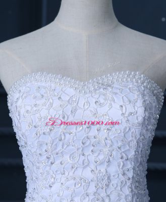 Floor Length Lace Up Bridal Gown White for Wedding Party with Beading and Lace