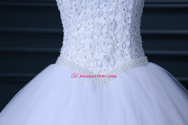 Floor Length Lace Up Bridal Gown White for Wedding Party with Beading and Lace