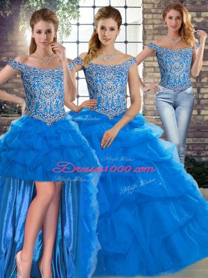 Sumptuous Sleeveless Tulle Brush Train Lace Up Sweet 16 Dress in Blue with Beading and Pick Ups
