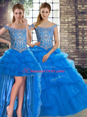 Sumptuous Sleeveless Tulle Brush Train Lace Up Sweet 16 Dress in Blue with Beading and Pick Ups