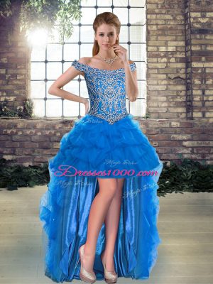 Sumptuous Sleeveless Tulle Brush Train Lace Up Sweet 16 Dress in Blue with Beading and Pick Ups