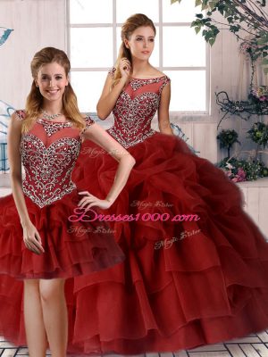 Fantastic Wine Red Scoop Neckline Beading and Pick Ups Quinceanera Dresses Sleeveless Zipper