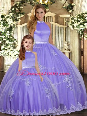 Modern Floor Length Lavender 15 Quinceanera Dress Halter Top Sleeveless Backless