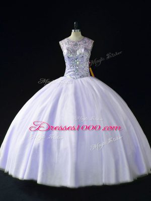 Cute Lavender Lace Up Ball Gown Prom Dress Beading Sleeveless Floor Length