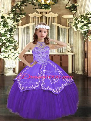 Glorious Tulle Halter Top Sleeveless Lace Up Beading and Embroidery Pageant Dress Toddler in Purple