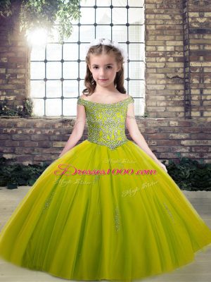 Beautiful Olive Green Ball Gowns Beading and Appliques Party Dress Wholesale Lace Up Tulle Sleeveless Floor Length