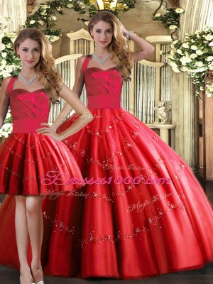 Cute Three Pieces Ball Gown Prom Dress Red Halter Top Tulle Sleeveless Floor Length Lace Up