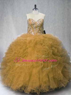 Fitting Brown Sleeveless Beading and Ruffles Floor Length 15 Quinceanera Dress