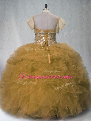 Fitting Brown Sleeveless Beading and Ruffles Floor Length 15 Quinceanera Dress