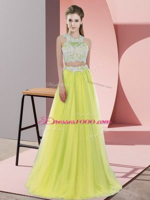 Exceptional Yellow Two Pieces Halter Top Sleeveless Tulle Floor Length Zipper Lace Bridesmaid Gown