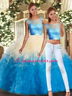 Attractive Multi-color Organza Backless 15 Quinceanera Dress Sleeveless Floor Length Lace and Ruffles