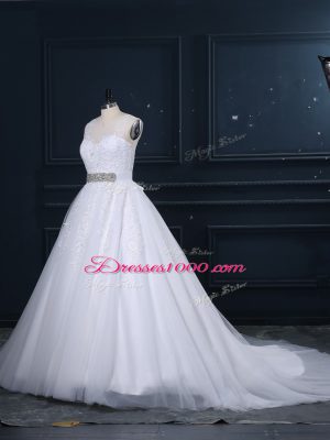 Nice White Sleeveless Tulle Brush Train Zipper Wedding Gowns for Wedding Party