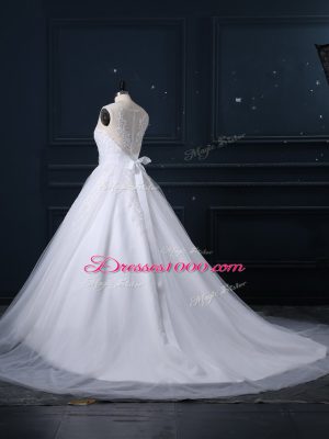 Nice White Sleeveless Tulle Brush Train Zipper Wedding Gowns for Wedding Party