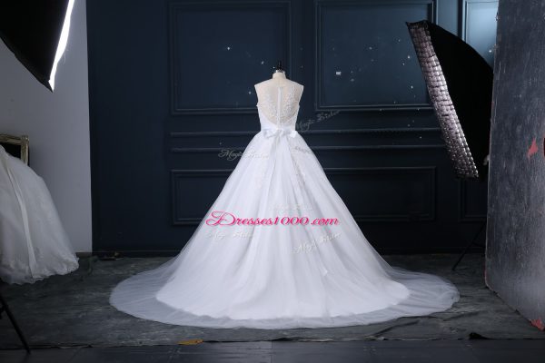 Nice White Sleeveless Tulle Brush Train Zipper Wedding Gowns for Wedding Party