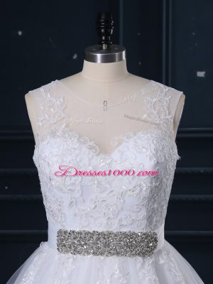 Nice White Sleeveless Tulle Brush Train Zipper Wedding Gowns for Wedding Party