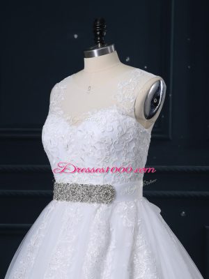 Nice White Sleeveless Tulle Brush Train Zipper Wedding Gowns for Wedding Party